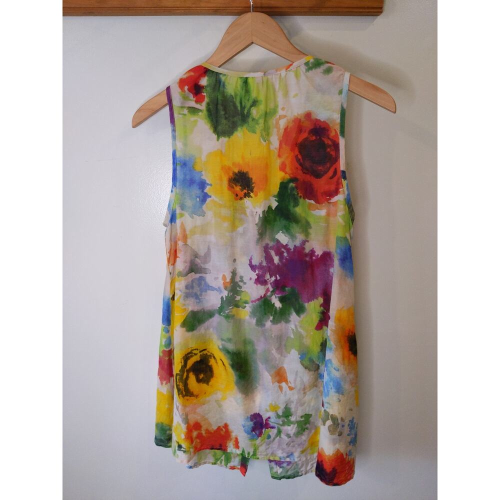 Da-Nang Watercolor Floral Silk Cotton Button Tank Top Boho Artsy Medium - Picture 2 of 7